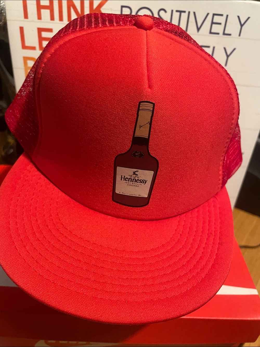 Henne Red Mesh Trucker Hat with Bottle Patch